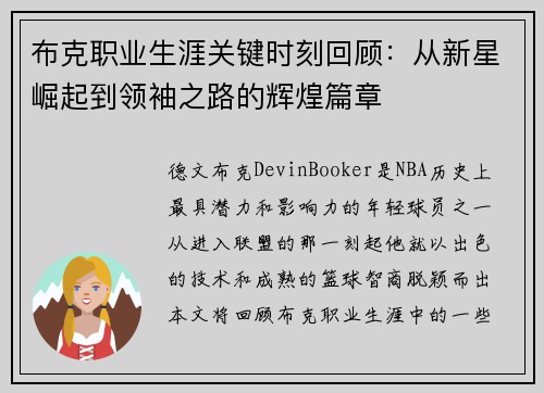 布克职业生涯关键时刻回顾:从新星崛起到领袖之路的辉煌篇章 布克职业生涯关键时刻回顾:从新星崛起到领袖之路的辉煌篇章