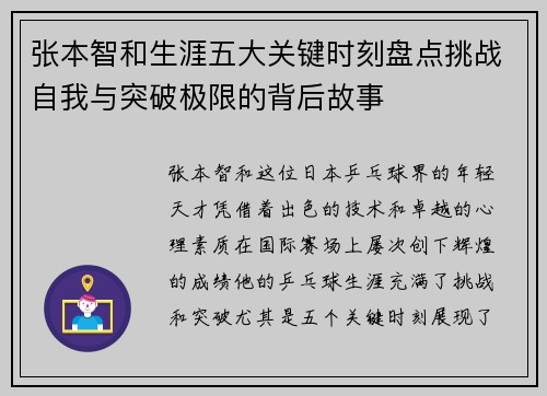 张本智和生涯五大关键时刻盘点挑战自我与突破极限的背后故事