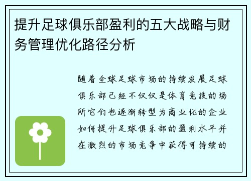 提升足球俱乐部盈利的五大战略与财务管理优化路径分析 提升足球俱乐部盈利的五大战略与财务管理优化路径分析