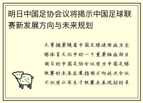 明日中国足协会议将揭示中国足球联赛新发展方向与未来规划