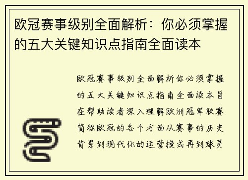 欧冠赛事级别全面解析：你必须掌握的五大关键知识点指南全面读本